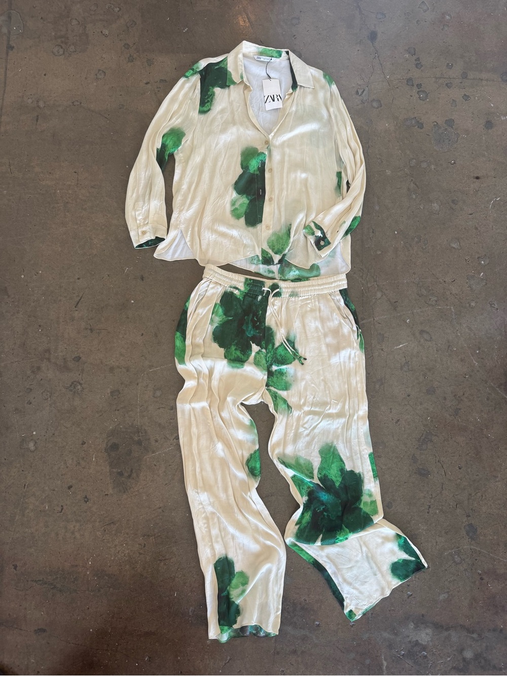 Zara Cream 2 piece Set with Green Floral Print - Women's xxl